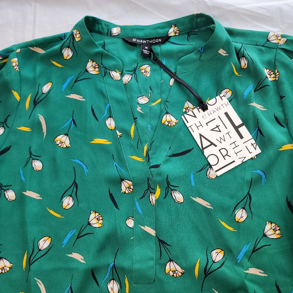 41 Hawthorn Trina Green Floral 3/4 Length Tie Sleeve Blouse Size XS - Picture 5 of 15